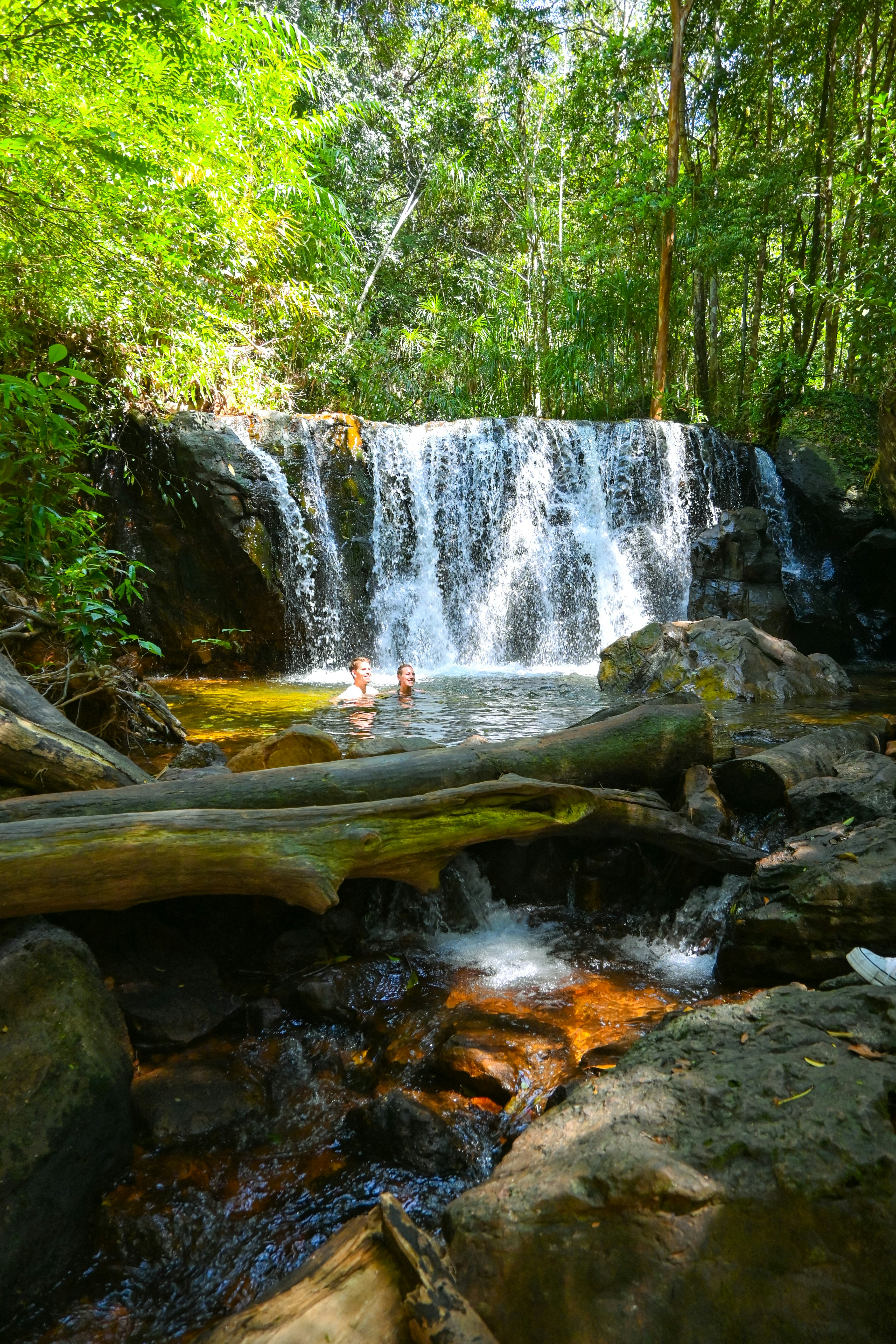 Kalkfelsen mit spärlicher Vegetation und einzelnen Bäumen unter blauem Himmel.
