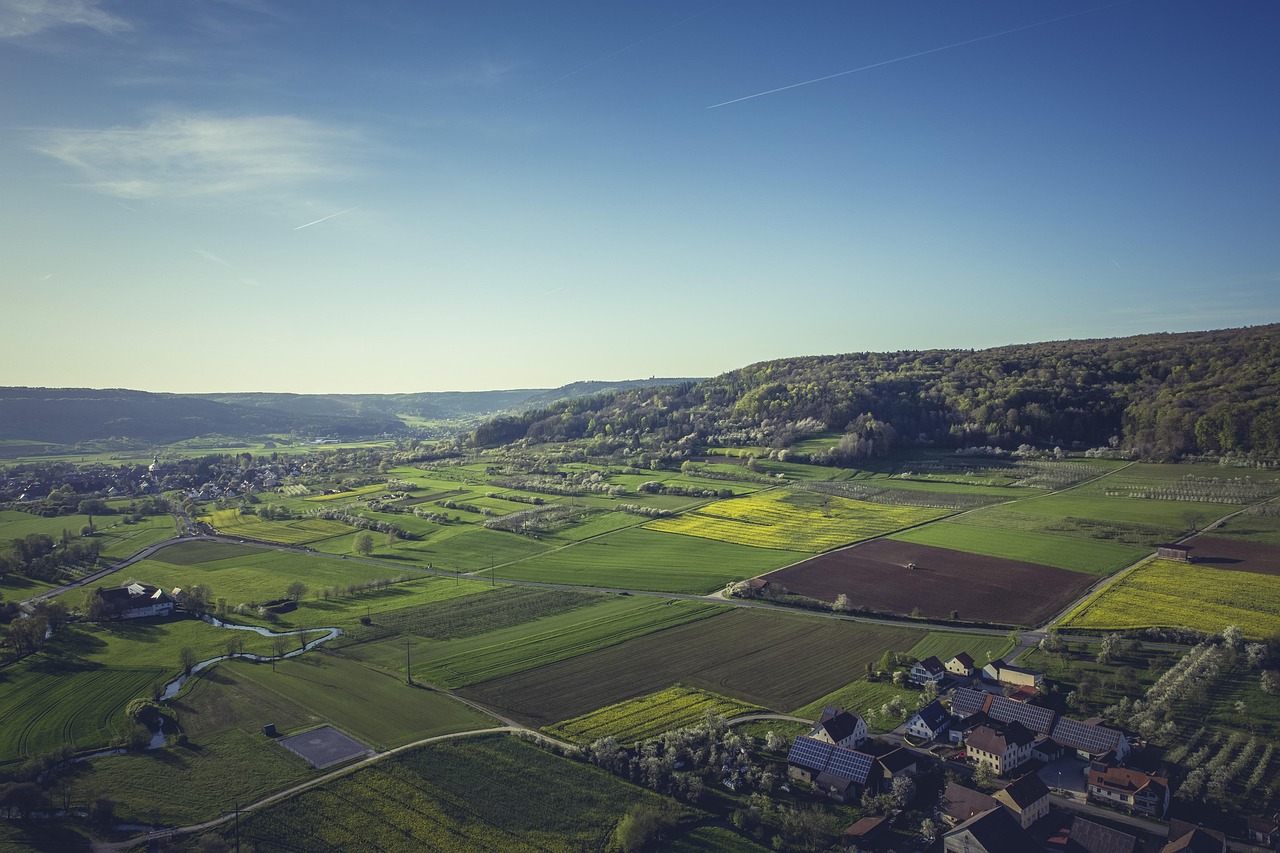 Landschaft mit Feldern, Wiesen, verstreuten Häusern und angrenzendem Wald unter klarem Himmel.