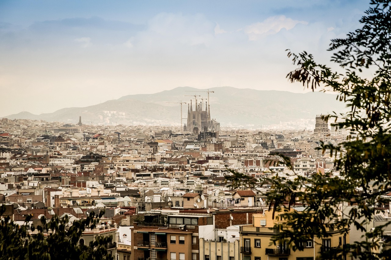 Stadtansicht auf Barcelona mit dichter Bebauung, im Hintergrund eine große Kathedrale mit Baukränen, umgeben von Bergen und gerahmt von Zweigen.