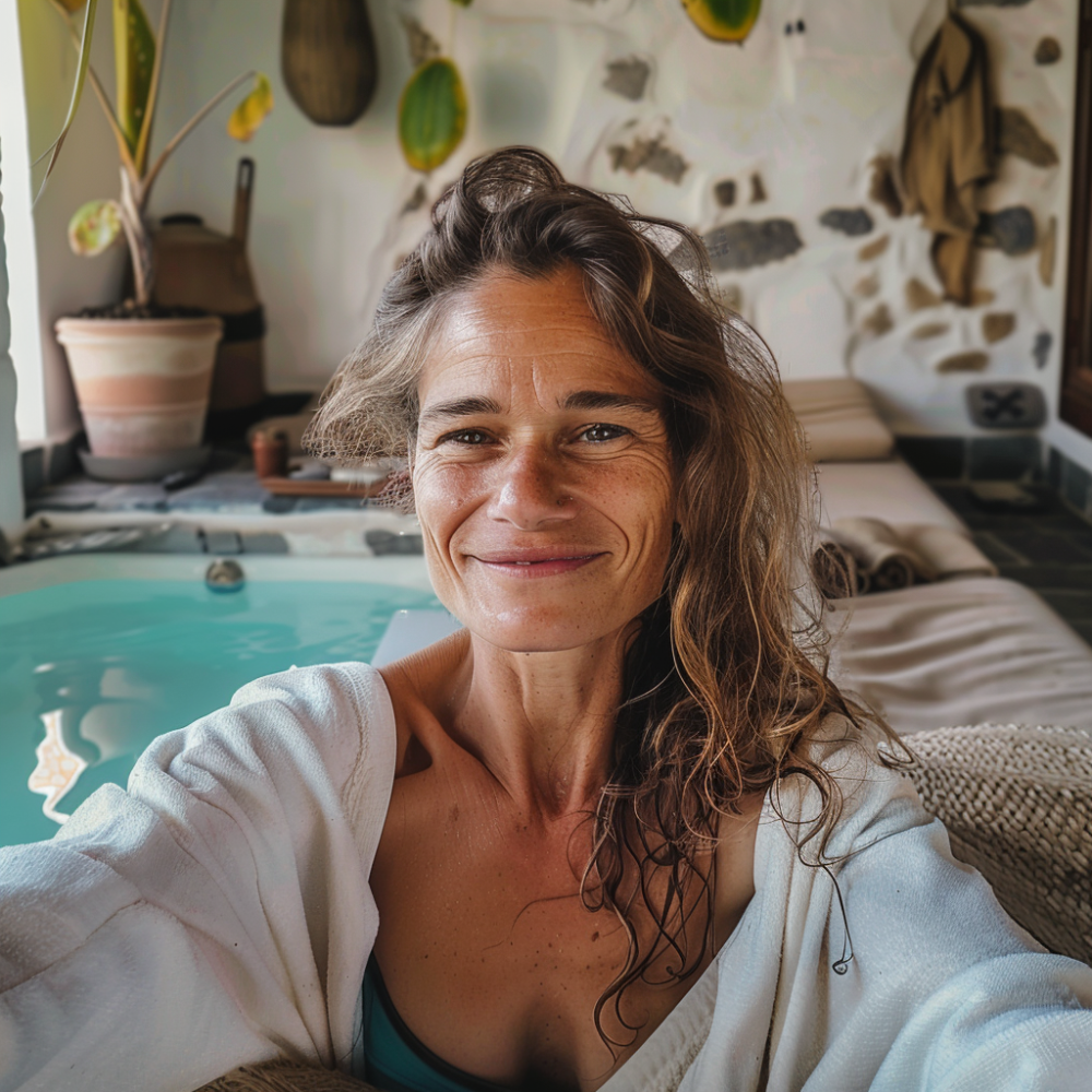 Frau im Bademantel vor einem kleinen Indoor-Pool mit Liegen und dekorativen Pflanzen in einem gemütlichen Wellnessbereich.
